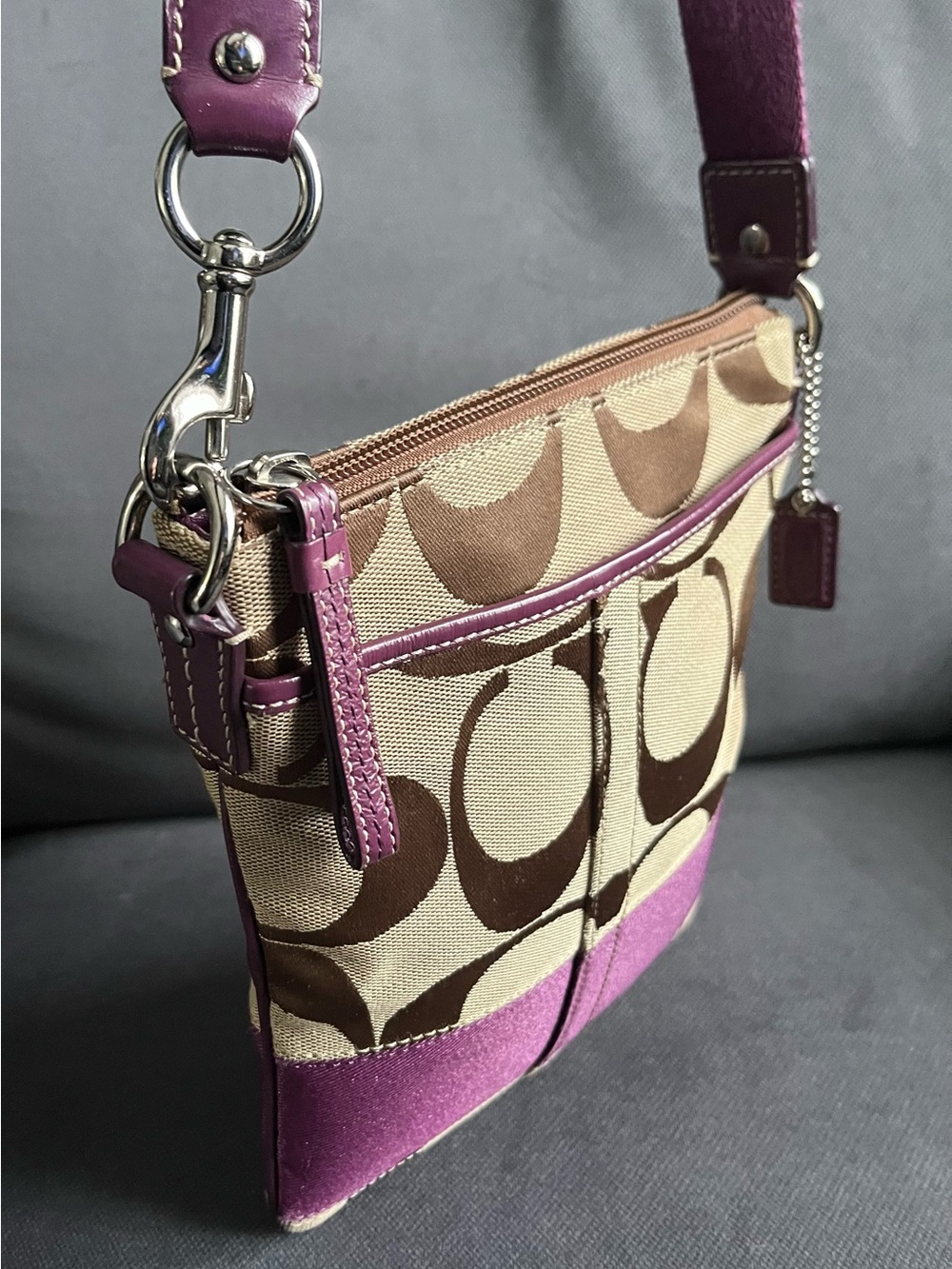 Coach Signature Stripe Swingpack Crossbody Bag | Brown Khaki & Purple | Y2K